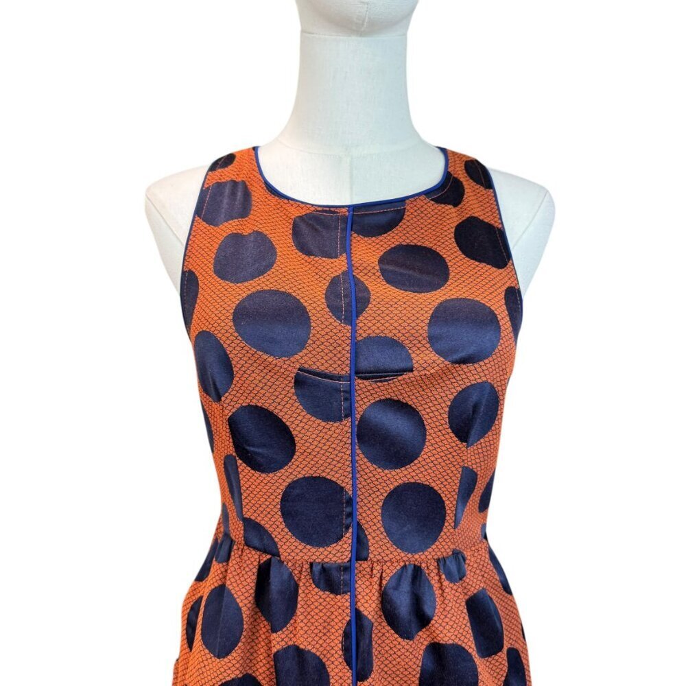 Anthropologie Maeve Polka Dot Dress Size 2 Orange Navy Open Back - Picture 2 of 10